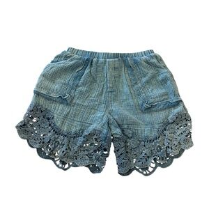 Oli & Hali Blue Gauze 100% Cotton Shorts Small Boho Crochet Hem Lounge Lace